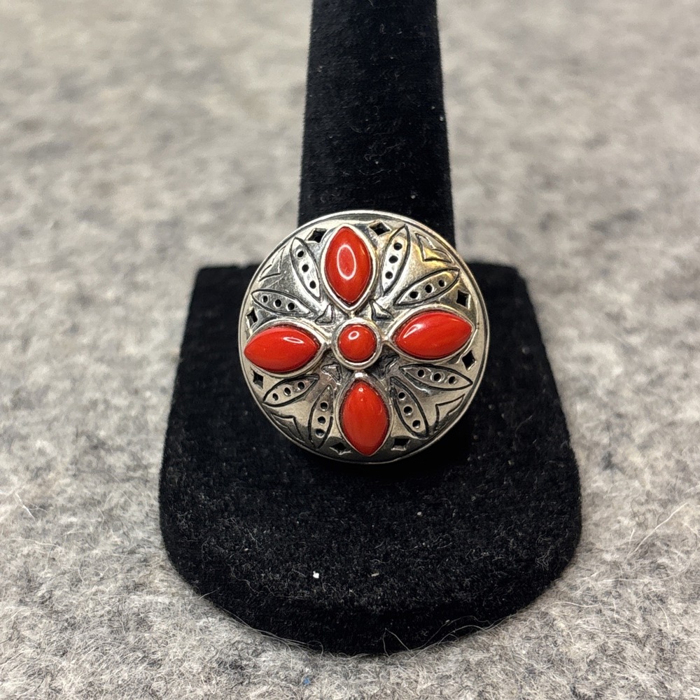 Jean Lin Red Coral Ring 925 Sterling ilver Floral Statement Size 7.5 13g